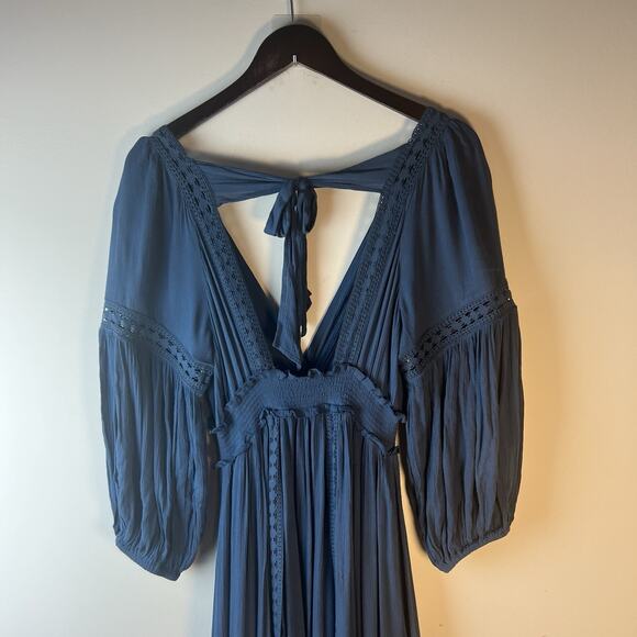 Free People Endless Summer Marysia Maxi Dress Blue Vneck Bohemian Crochet S NWOT - Picture 9 of 10
